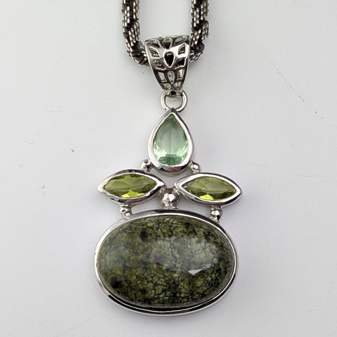 Vintage green serpentine and sterling silver pendant with sterling silver necklace